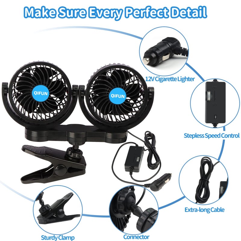 QIFUN Car Fan Adjustable Dual Head 12V 360Â° Rotatable 4 Inches Car Clip Fan for Front/Rear Seat Passenger Car Essentials Cooler with Stepless Speed Regulation for Vehicle SUV, RV - Image 3